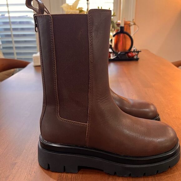 Aldo Maple Chelsea Boots Chestnut Leather Lug Sole Mid-Calf Platform 7.5 NWOB - Picture 4 of 8
